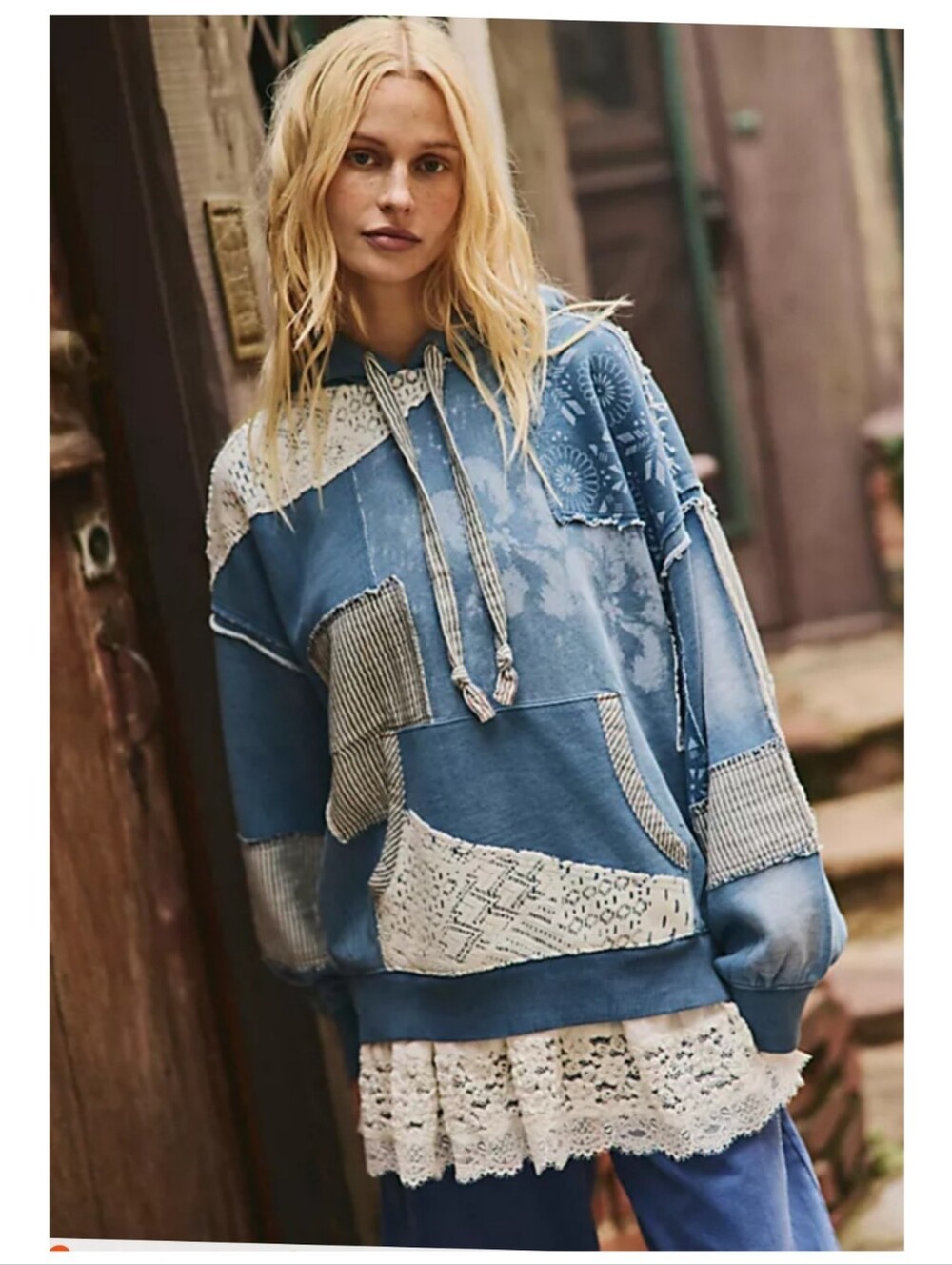 Free People Tattered Romance Hoodie Blue Patchwork Mix Pullover Hoodie - Picture 2 of 9